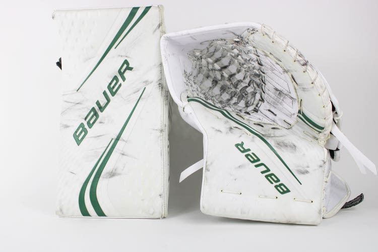 Used Bauer Pro Stock blocker and glove used by Chicago Blackhawks goalie Alex Stalock