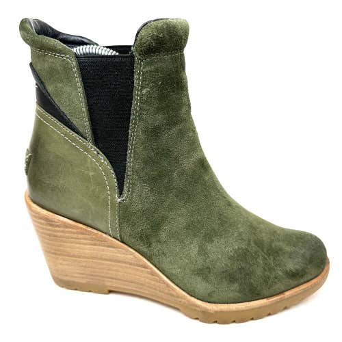 Sorel After Hours Chelsea Wedge Ankle Boots Suede Leather Olive Green Size 6.5