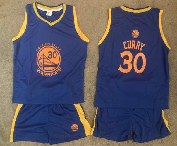 Youth Kids Steph Curry Basketball Uniform - Jersey & Shorts - Warriors - Boys Size 7-8