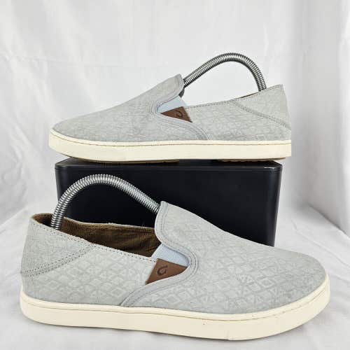 Olukai Pehuea Women's Leather Loafer Size 9 Slip On Gray/Light Blue Geometric