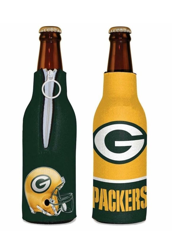Green Bay Packers Bottle Cooler 12 oz Zip Up Koozie Jacket NFL Two Sided