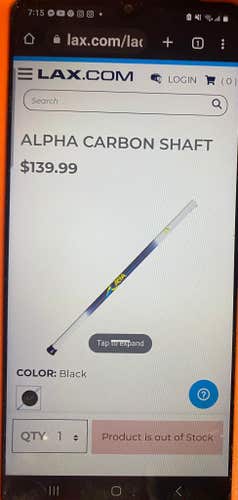 Alpha Carbon Composite Lacrosse Shaft (New) Retail $139.99 Field/Box