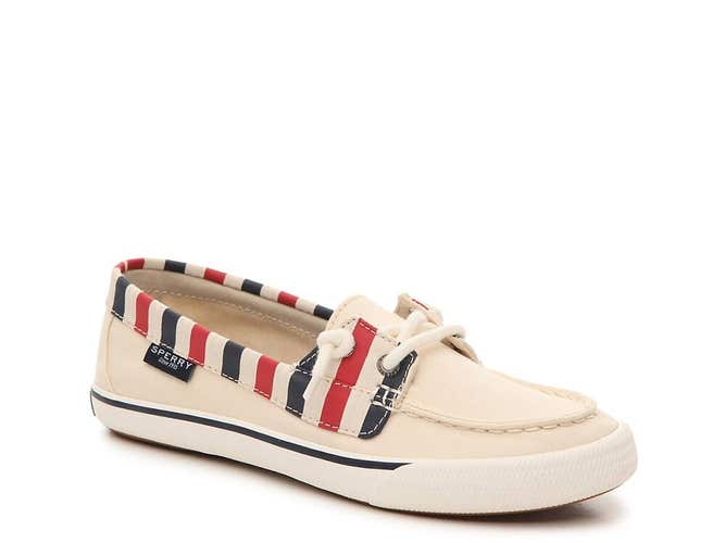 NIB Sperry Top Sider Lounge Away Boat Shoe White, Red, Blue Size 6.5