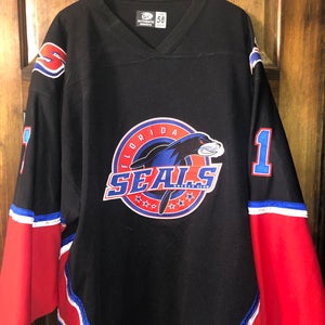 USED BLACK FLORIDIA SEALS HOCKEY JERSEY SIZE 58 SPHL WITH FIGHT STRAP
