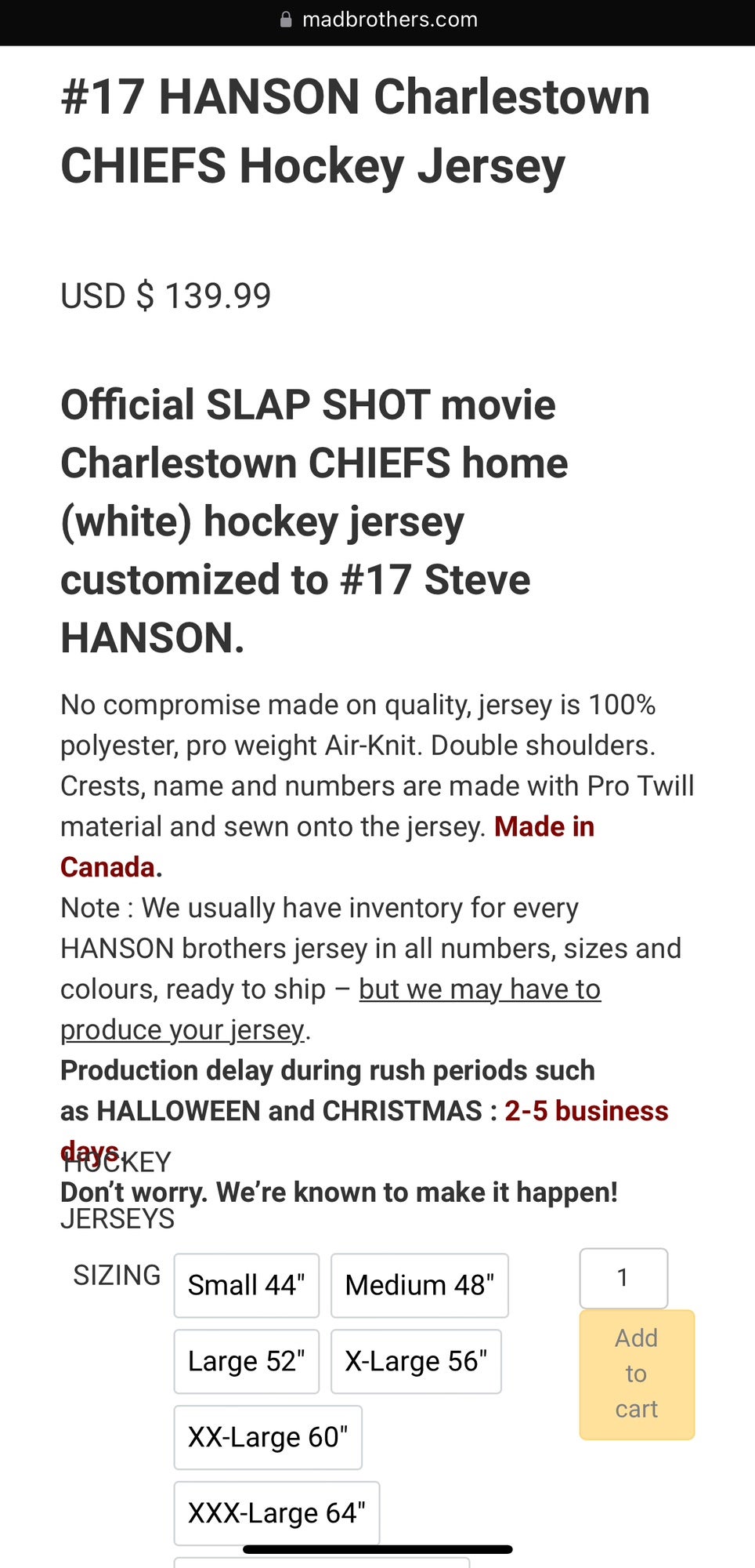 #17 Hanson Charlestown Chiefs Hockey Jersey XX-Large 60