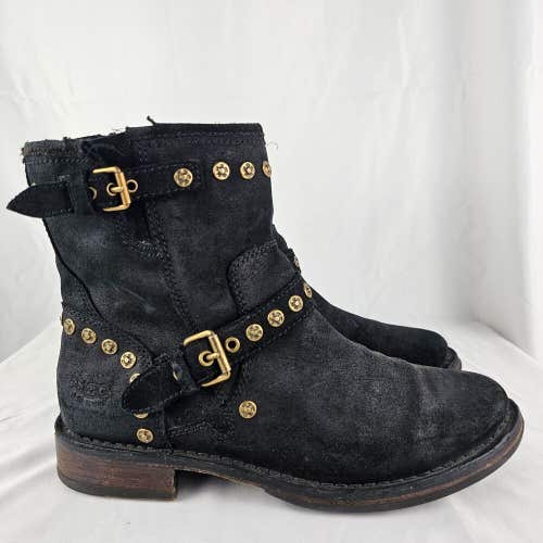UGG Ankle Boots Black Suede Moto Fabrizia Gold Studs 1003235 Women's Size 8.5
