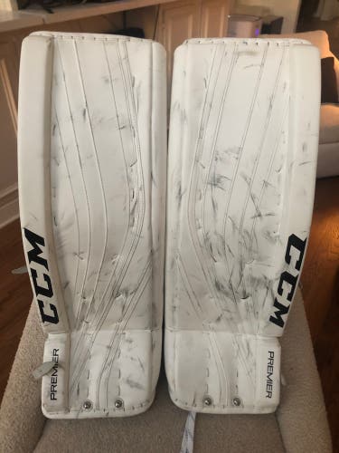 White CCM Premier Pro Hockey Goalie Leg Pads Size 34+1”