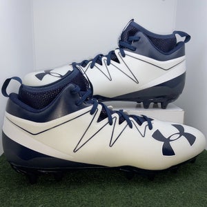 New Men's 13.5 Mid Top Molded Football Cleats Under Armour Nitro Mid White Navy Blue