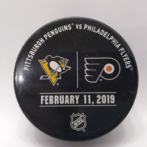 Feb 11 2019 Pittsburgh Penguins vs Flyers NHL Warm-Up USED Hockey Puck