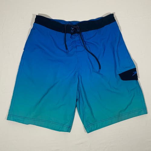Vintage Speedo Board Shorts Men Large Blue Gradient Mesh-Lined Drawstring Pocket