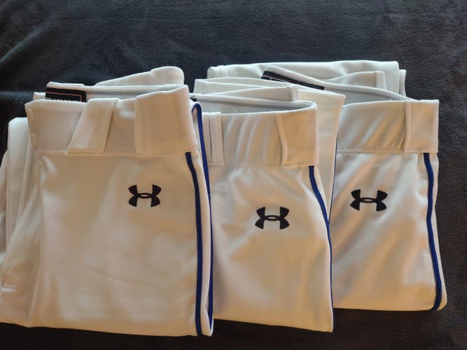 Lot of 3 pairs Men's White with Royal Blue Piping Used Large Under Armour Baseball Pants