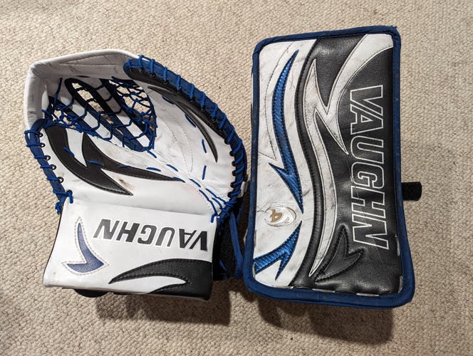 Vaughn V4 Velocity 7700 glove/trapper and 7600 blocker in blue/black/white