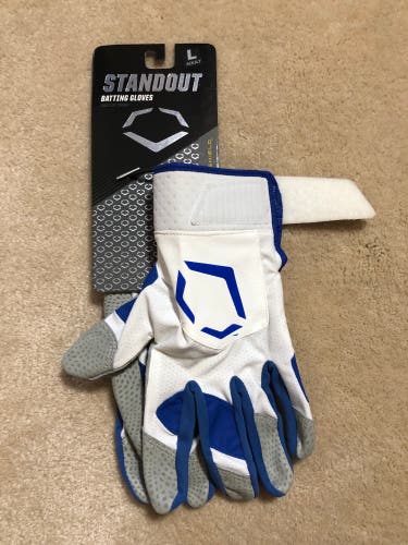 New Large EvoShield Batting Gloves; White And Blue; #18 On Wrist