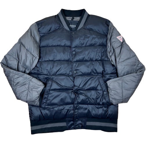 GUESS Los Angeles Snap Up Nylon Puffer Jacket Black with Gray Sleeves Men's M