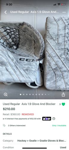 Used Regular  Axis 1.9 Glove And Blocker