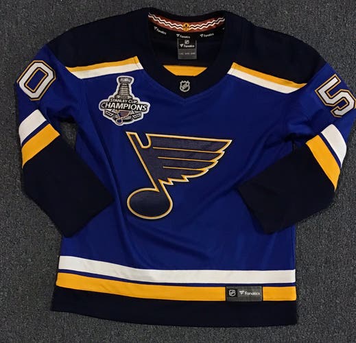 New With Tags St. Louis Blues Stanley Cup Champions Youth L/XL Fanatics Jersey ( Binnington )