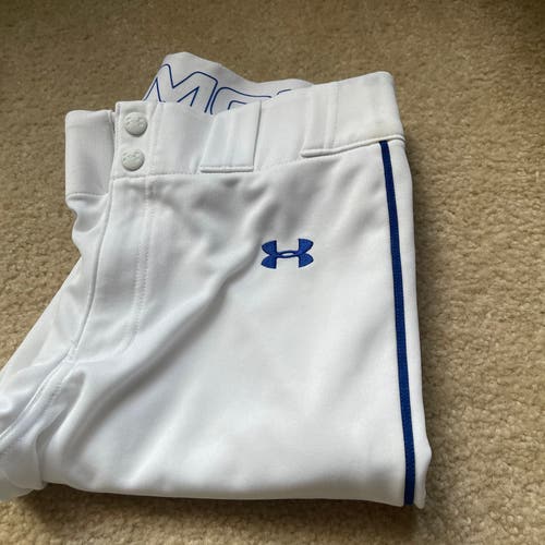 (3) Pairs UA youth XL white w/royal blue piping Baseball Pant
