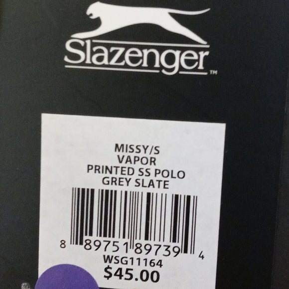NWT SLAZENGER VAPOR PRINTED SS POLO GOLF SHIRT WOMENS S HYDRO-DRY GREY SLATE TOP