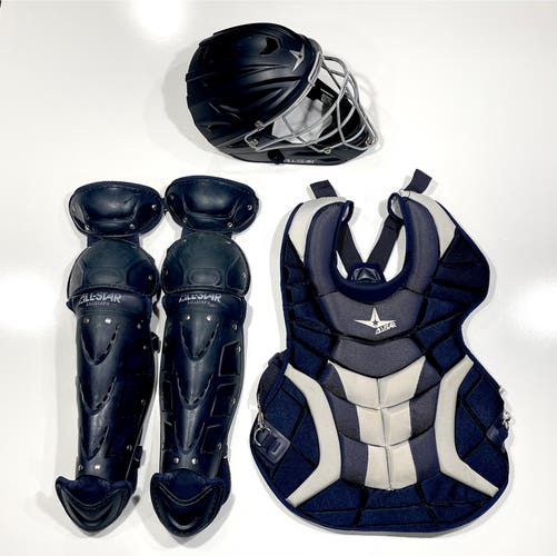 Navy Blue All-Star NOCSAE Catcher’s Set - Leg Guards, Chest Protector & Helmet