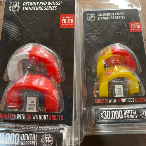 New   2pk BattleAxe NHL Mouthguard 4 Detroit Red Wings/2 Calgary Flames Yth