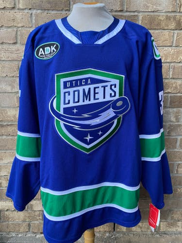CCM Pro Stock Utica Comets Game Issued Size 56 Jersey Marine Blue 3884
