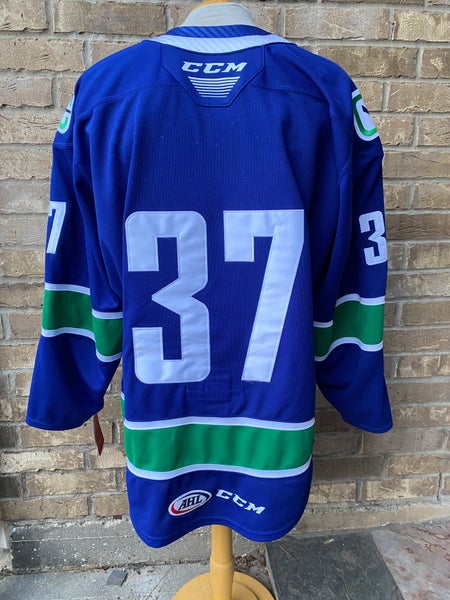 CCM Pro Stock Utica Comets Game Issued Size 56 Jersey Marine Blue 3884