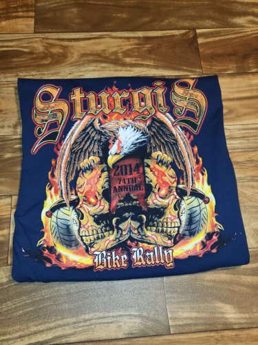 Sturgis Rally 2014 Motorcycle Flaming Eagle Skull Double Sided Promo Shirt M/L