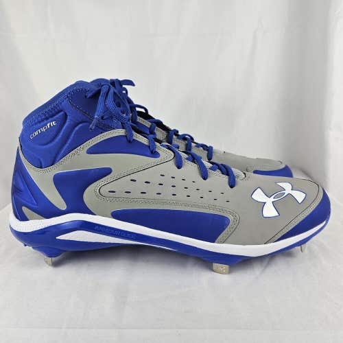 Under Armour UA Mens Yard Mid ST Metal Authentic Gray Blue Baseball Cleats SZ 15