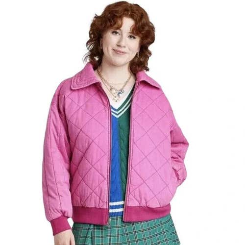 NWT Wild Fable Women's Oversized Woven Quilted Bomber Jacket Pink Size M