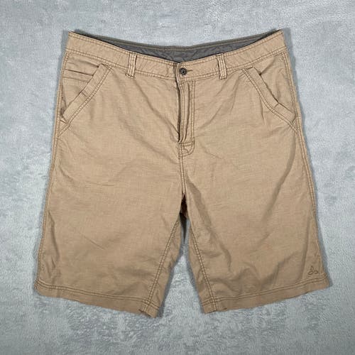 PrAna Breathe Mens Shorts Size 38 Long Tan Hemp Blend Casual Flat Front Pockets