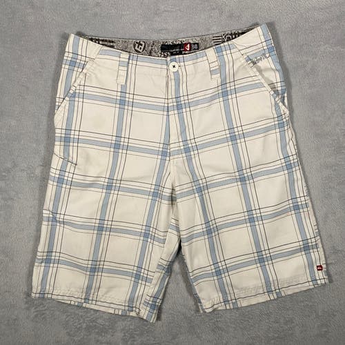 Quiksilver Mens Shorts Size 30 L White Blue Window Pane Embroidered Logo Surfer