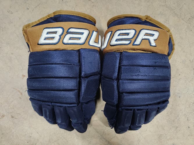 Used Bauer Nexus Team Pro Stock USHL Sioux Falls Stampede Blue Gold Hockey Gloves 14"