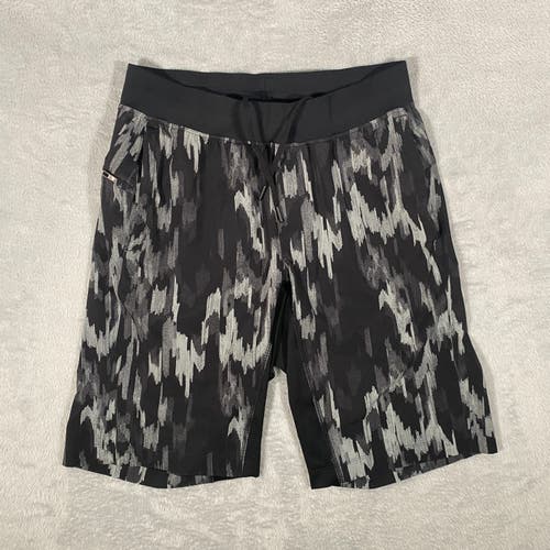 Lululemon Mens Shorts Size L Long Black Grey 11" Zip Pocket Elastic Waist Logo