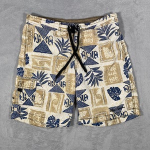 Vintage Reyn Spooner Board Shorts Men Medium Beige Tribal Lined Swim Trunks Logo