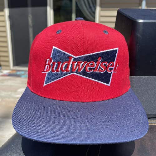 Vintage Budweiser Beer Snapback Hat Cap Bowtie Logo Blue Red Made in USA Rare