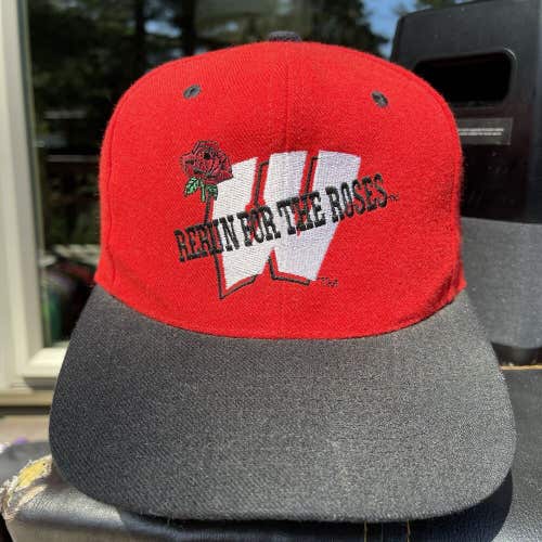 Vintage Wisconsin Badgers Rose Bowl Football Snapback Hat Red Black Wool Blend
