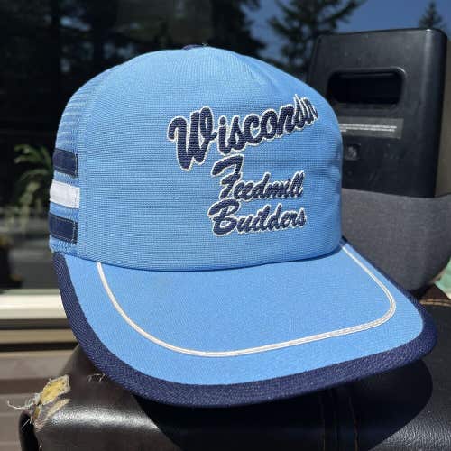 Vintage Wisconsin Feedmill Builders Triple 3 Stripe Farm Trucker Hat Made In USA