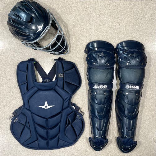 Bag + Solid Navy Blue All-Star S7 AXIS System7 NOCSAE Baseball Catcher’s Set Kit Intermediate 12-16