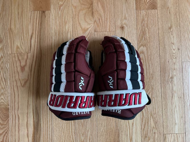 Harvard University Crimson Hockey Used Warrior AX1 Pro Gloves 13.5" Pro Stock