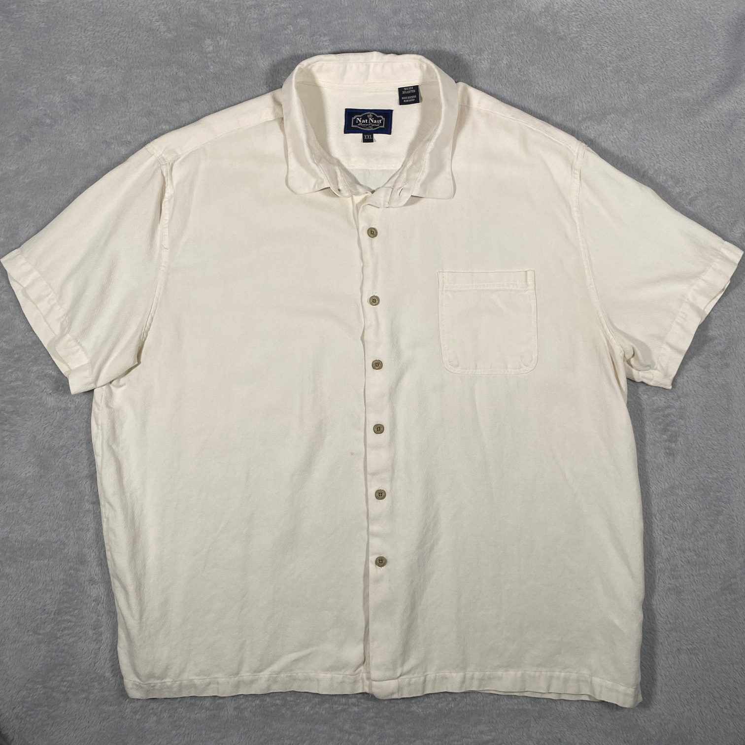 Nat Nast Mens Shirt Size 2XL White Luxury Textured Silk Blend Short Sleeve Camp