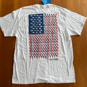 Brand New Men’s Large Columbia Fish United States Flag Design T-Shirt Red White Blue