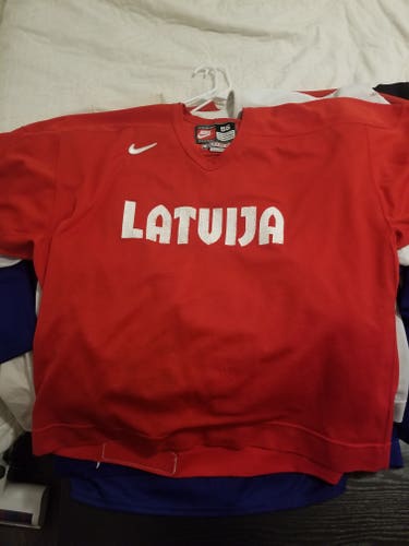 Latvia IIHF Red Used Size 54 Men's Nike Practice Jersey with swift Socks
