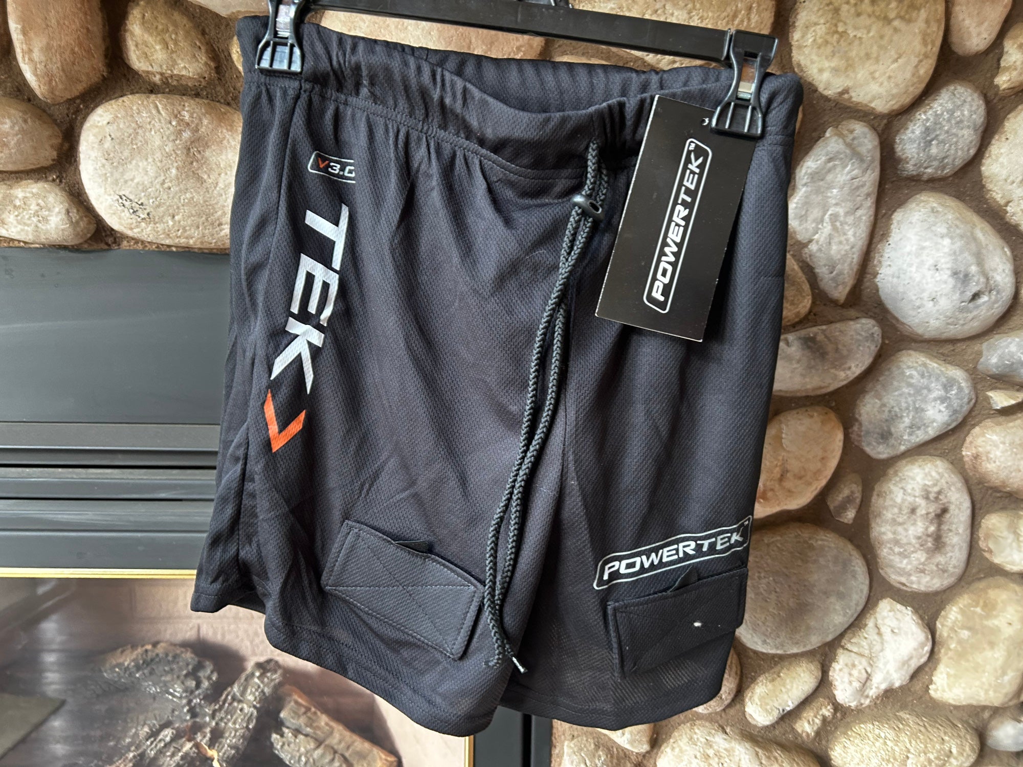 New - Powertek Mesh Black Hockey Shorts with Velcro Tabs for socks and Cup  - Jr - Small