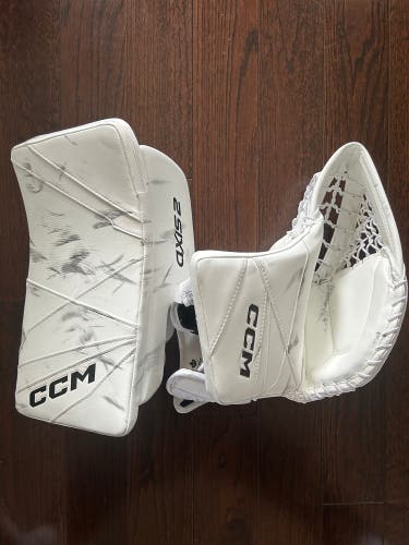 White CCM Axis2 Sr Pro Goalie Glove and Blocker Set