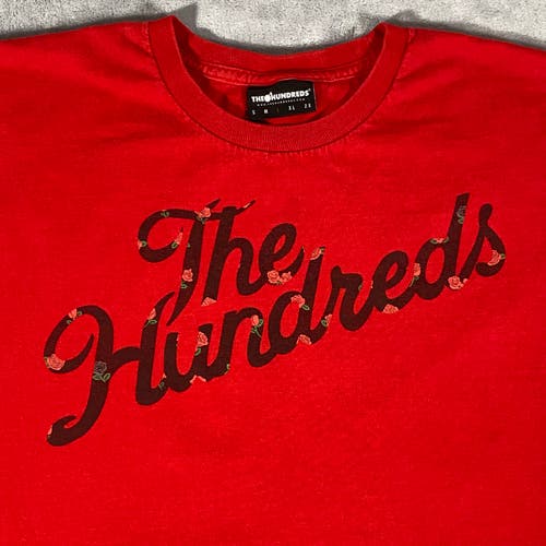 The Hundreds Mens T Shirt Size L Red Roses Slant Script Short Sleeve Skate Logo