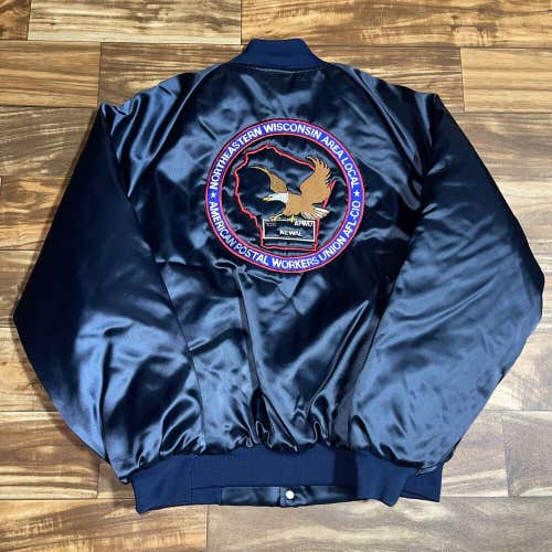 Vintage American Postal Workers Union Blue Satin Eagle Jacket APW Size XL Rare