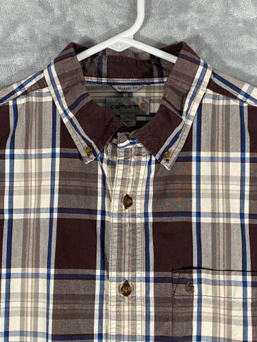 Carhartt Mens Shirt Size L Brown Plaid Relaxed Fit Short Sleeve Button Up Pocket