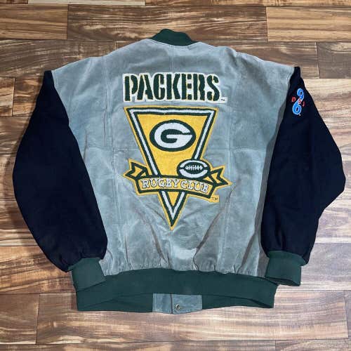 Vintage Green Bay Packers Rugby Club Letterman Varsity Leather Wool Jacket 2XL
