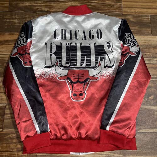 NBA Chicago Bulls Bomber Jacket Mens Button Up Satin Jordan All Over Print Sz L