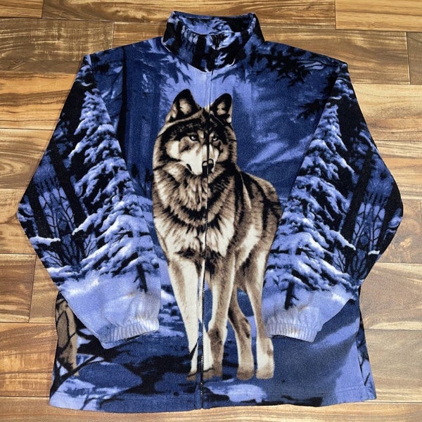 Vintage Trail Crest Wolf Fleece Zip Up Sweatshirt Jacket Size Large L